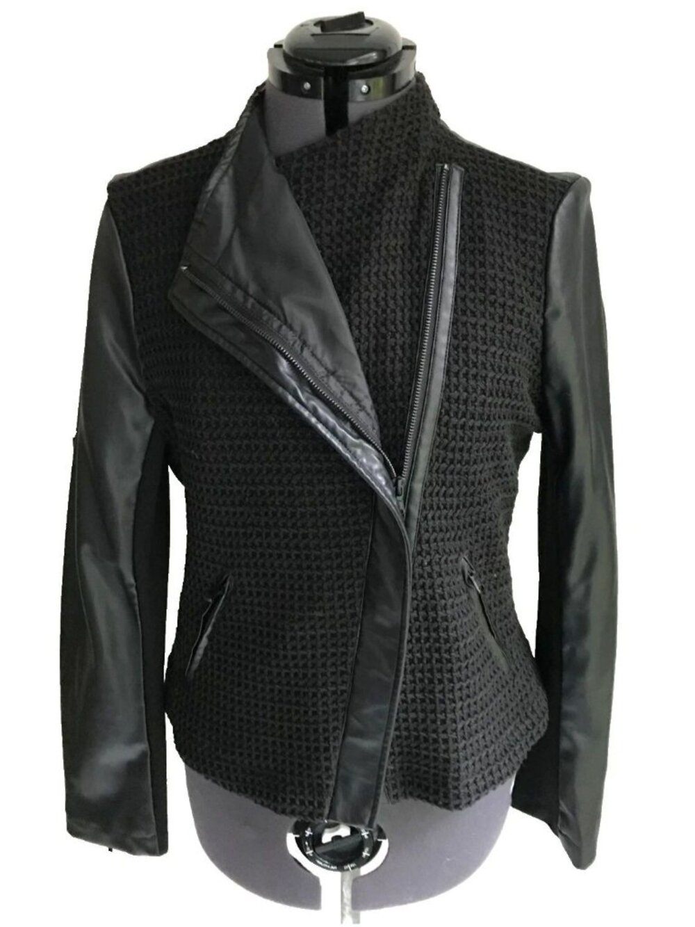 BNCI Blanc Noir Black Faux Leather & Waffle Knit Moto Biker Jacket, Size L